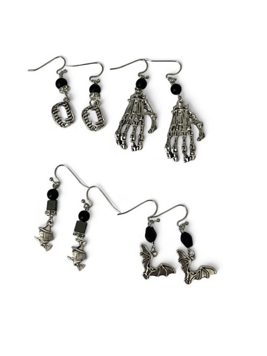Hand Crafted Jewelry - Halloween Earring Lot 4 Pairs Bat Witch Skeleton And Fangs. Spooky Goth Jewelry